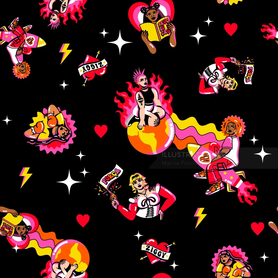 Pop art illustrations of people, hearts, and flames on black