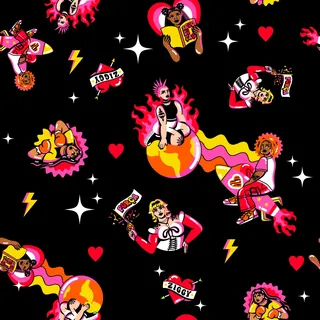 Pop art illustrations of people, hearts, and flames on black