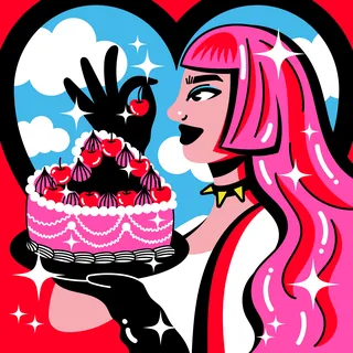 Woman with pink hair holding a decorated cherry cake