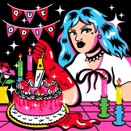 Pop art style woman with blue hair stabbing cake with knife