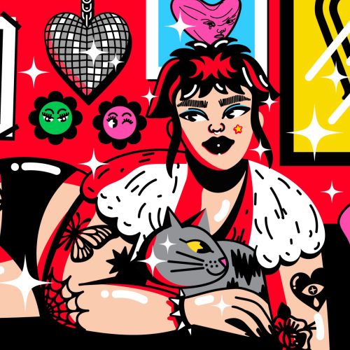 Pop art woman with tattoos holding gray cat in vibrant room