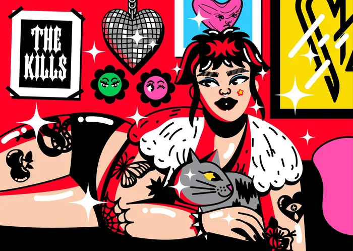 Pop art woman with tattoos holding gray cat in vibrant room