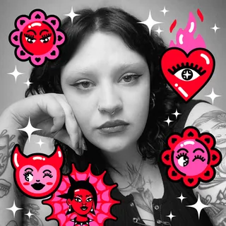 Woman resting her face on hand with red and pink cartoon icons around her