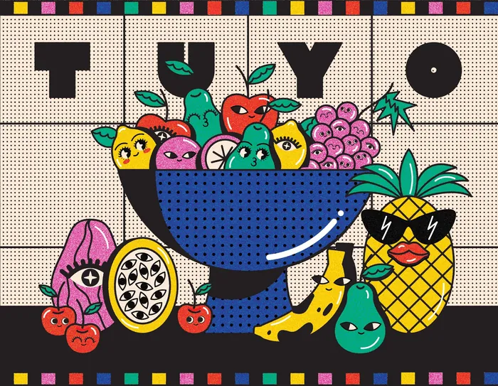 Illustration of vibrant fruits including pineapple, grapes, and passion fruit with TUYO text.