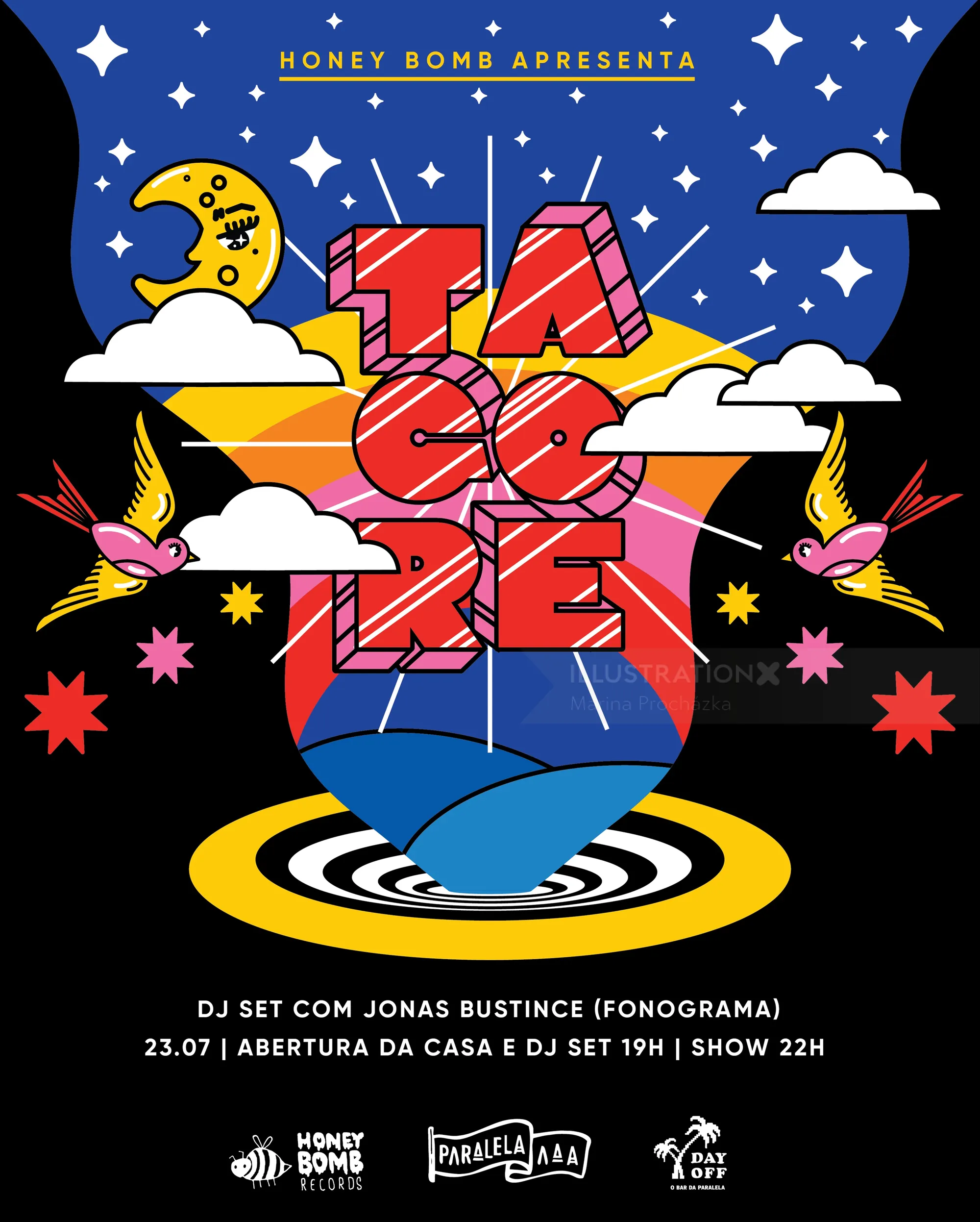 Bright illustration with large text, stars, birds, moon, and event details.