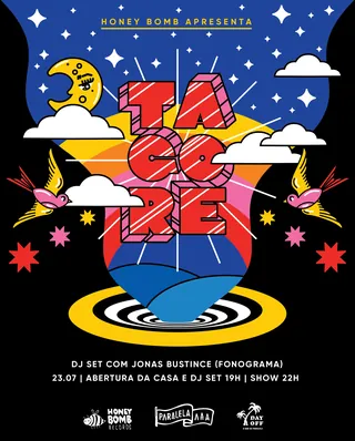 Bright illustration with large text, stars, birds, moon, and event details.
