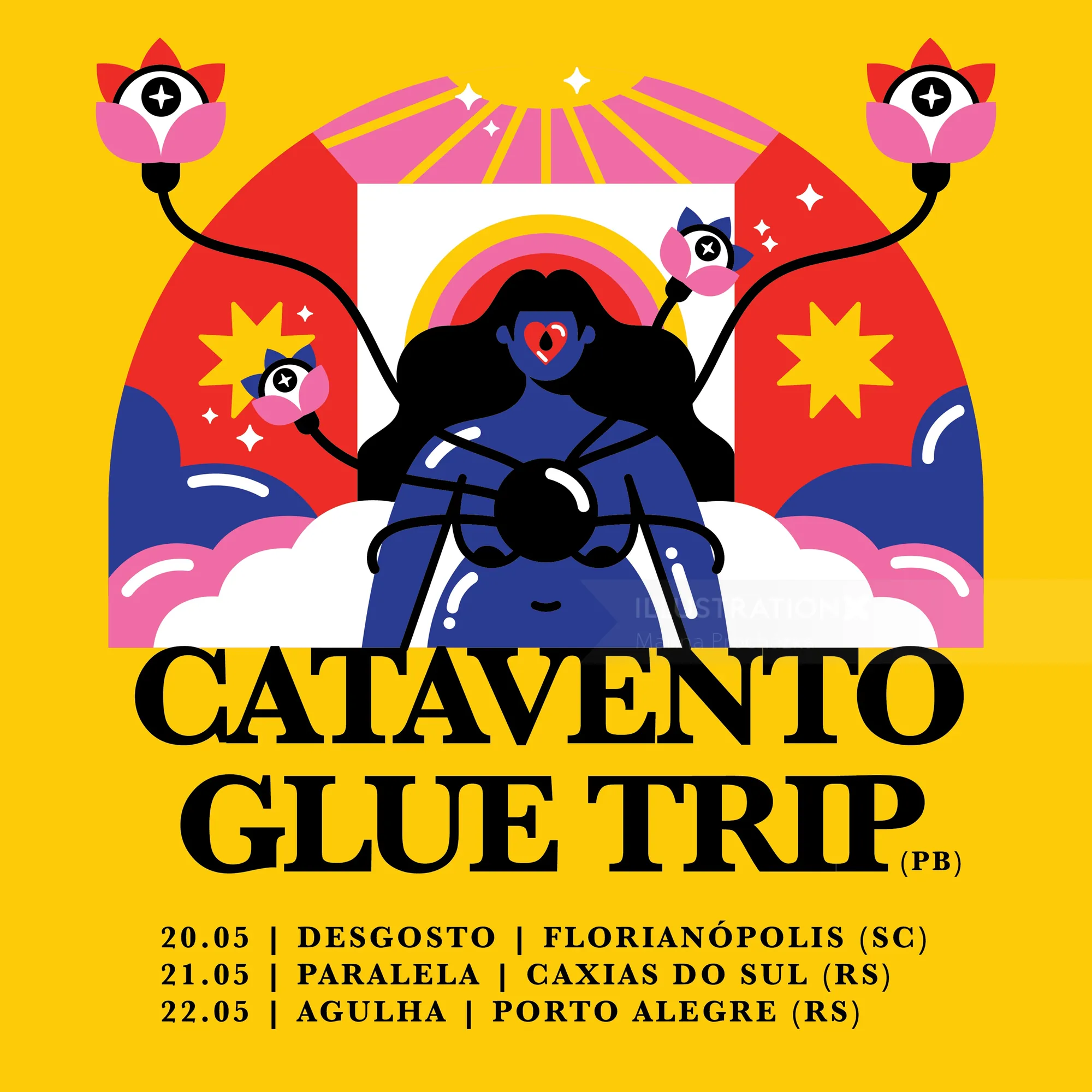 Colorful concert poster with stylized figure and celestial symbols by Marina Procházka