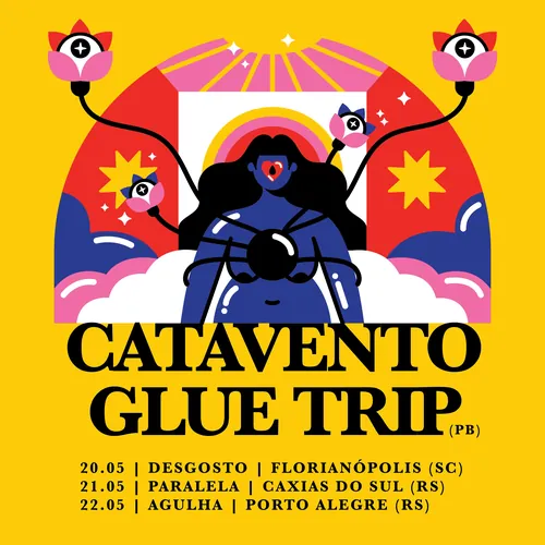 Colorful concert poster with stylized figure and celestial symbols by Marina Procházka