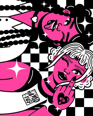 Two stylized characters in black and pink with bold expressions