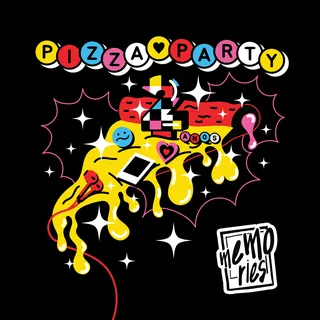 Colorful pizza slice with melting cheese and text Pizza Party 2 years by Marina Procházka