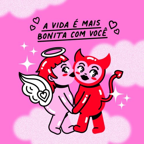 Angel and devil characters holding hands with love message by Marina Procházka