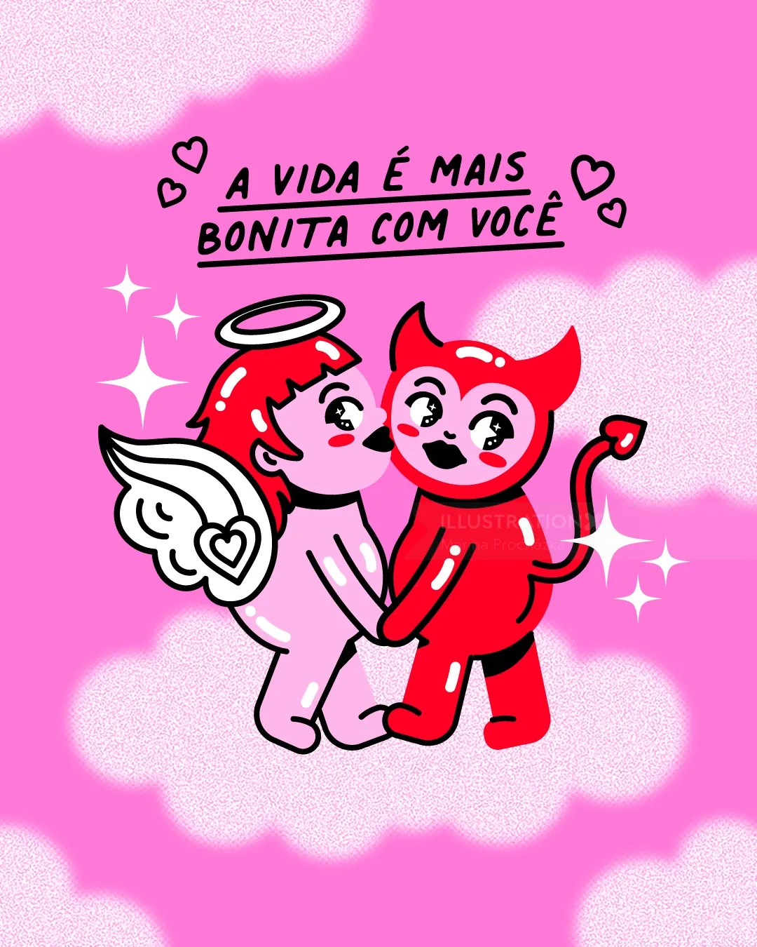 Angel and devil characters holding hands with love message by Marina Procházka