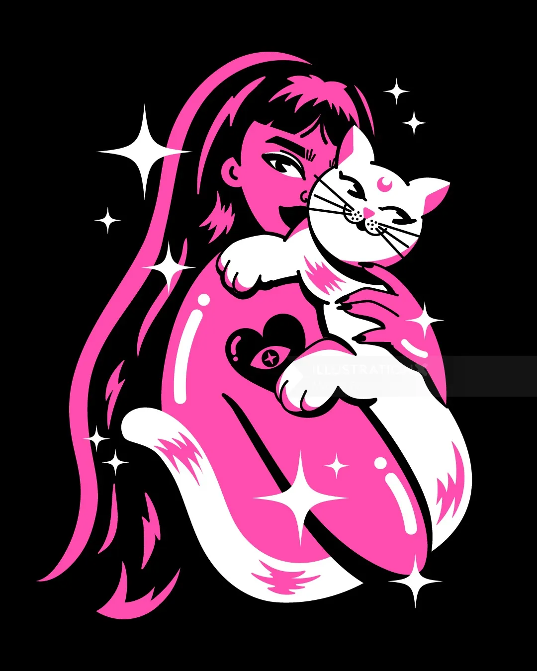 Illustration of woman hugging white cat surrounded by stars by Marina Procházka
