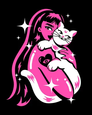Illustration of woman hugging white cat surrounded by stars by Marina Procházka