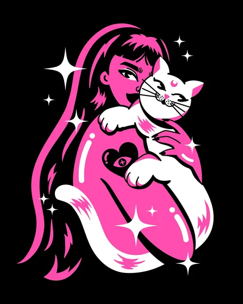Illustration of woman hugging white cat surrounded by stars by Marina Procházka