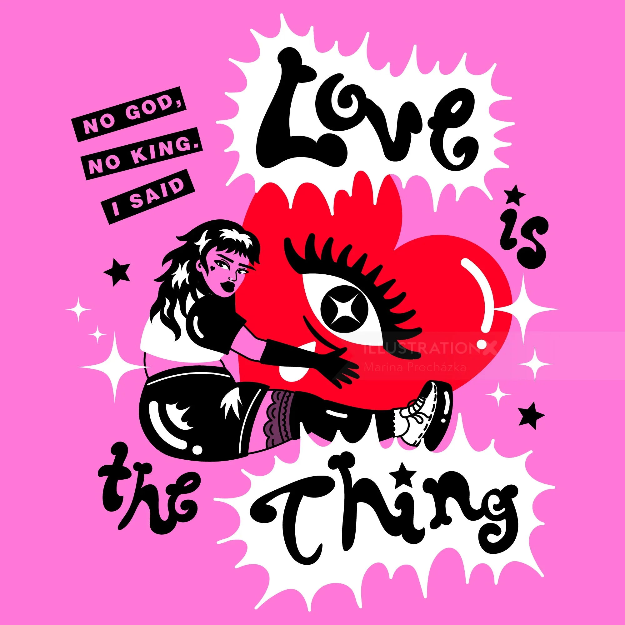 Love is the thing illustration by Marina Procházka featuring girl hugging heart