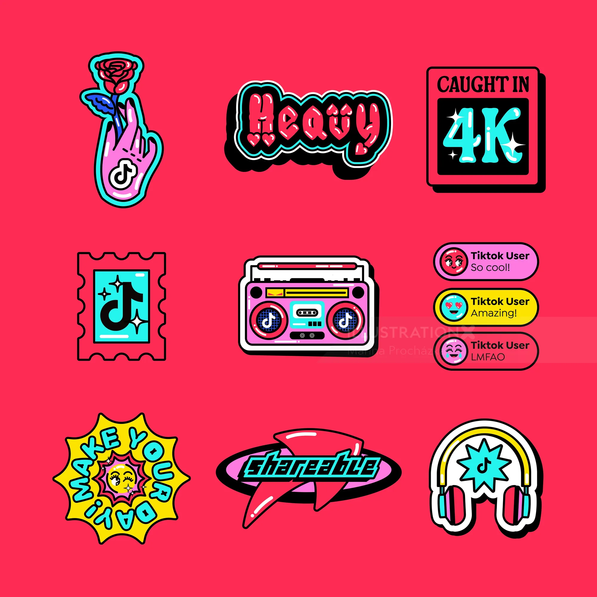 Colorful digital stickers including text and icons by Marina Procházka