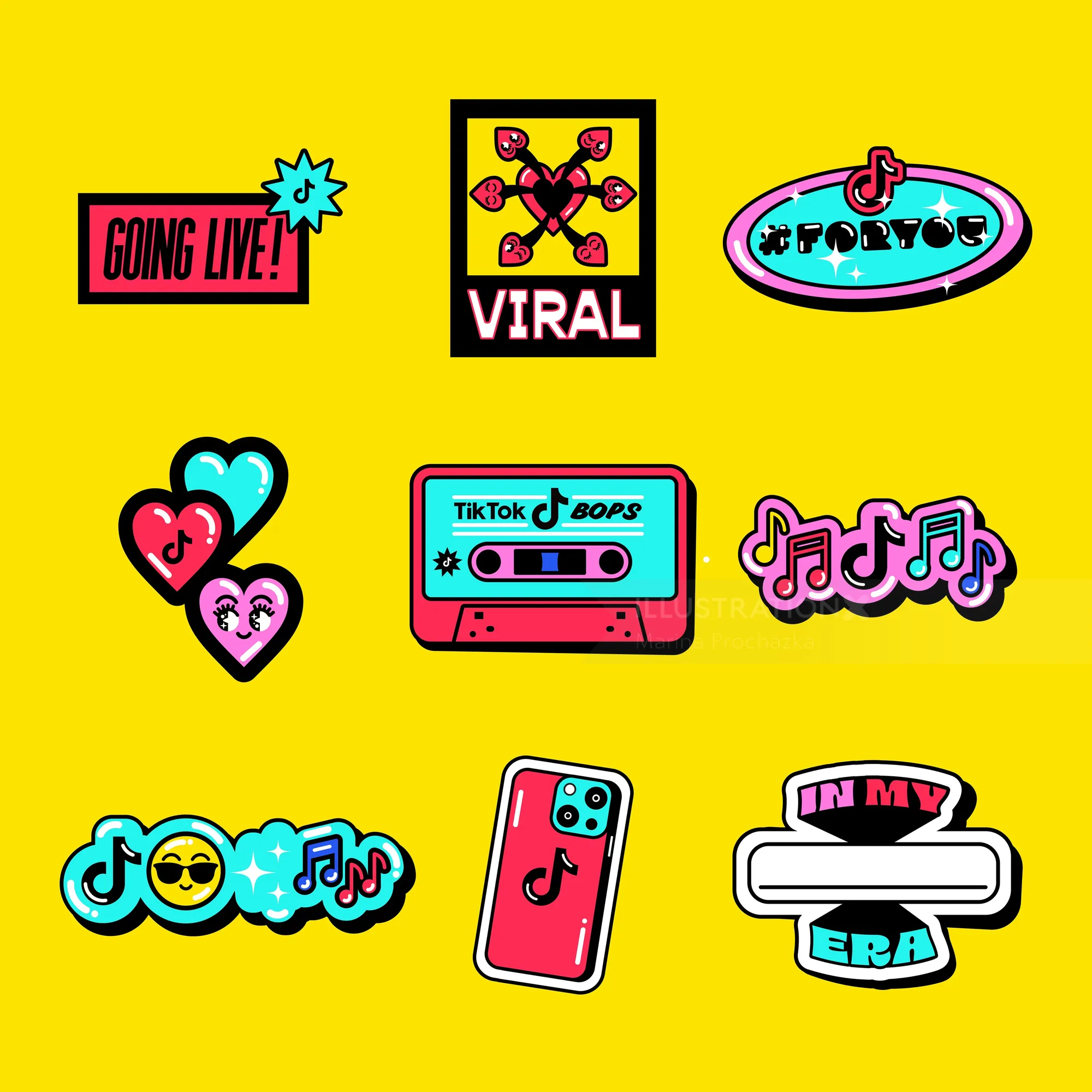 Pop art style TikTok stickers including music notes and phrases by Marina Procházka
