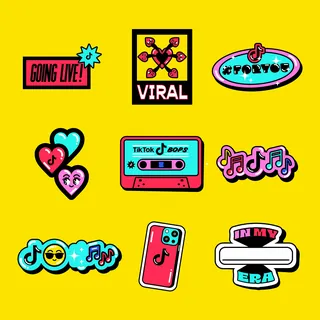 Pop art style TikTok stickers including music notes and phrases by Marina Procházka