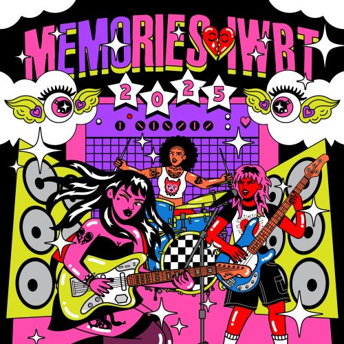 Illustration of three female musicians playing guitars and drums at Memories Art, by Marina Procház