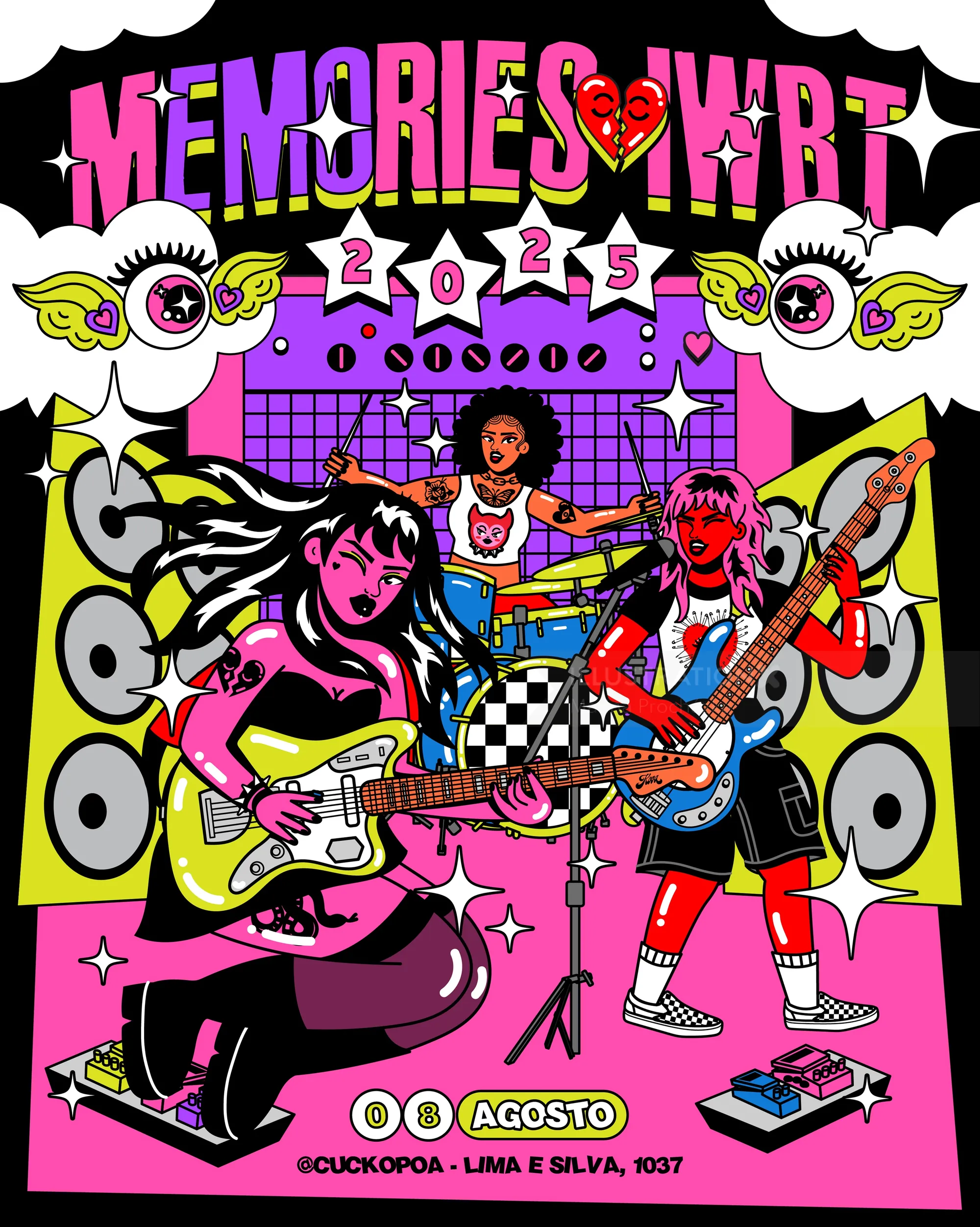 Illustration of three female musicians playing guitars and drums at Memories Art, by Marina Procház