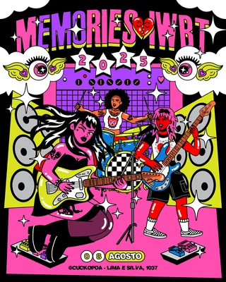 Illustration of three female musicians playing guitars and drums at Memories Art, by Marina Procház