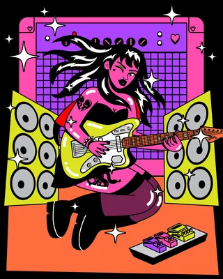 Woman playing electric guitar with speakers and effects pedals by Marina Procházka