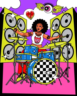 Woman playing a blue drum set surrounded by speakers by Marina Procházka