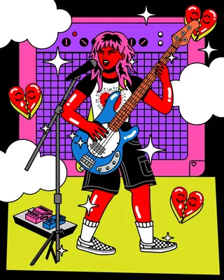Woman playing electric bass guitar with hearts and stars by Marina Procházka