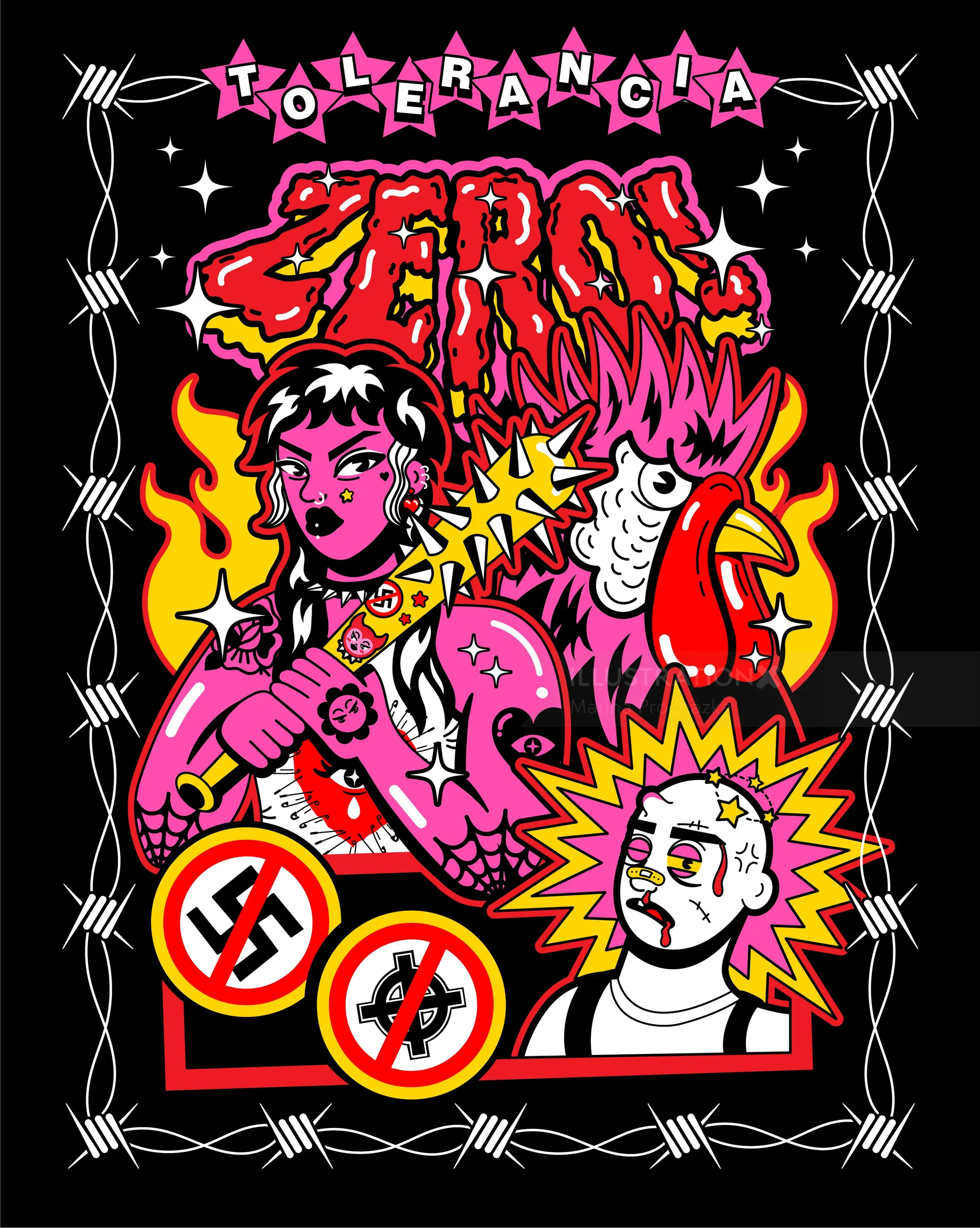 Punk rock 'Tolerance Zero' illustration by Marina Procházka with fiery colors and symbols