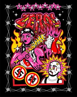 Punk rock 'Tolerance Zero' illustration by Marina Procházka with fiery colors and symbols