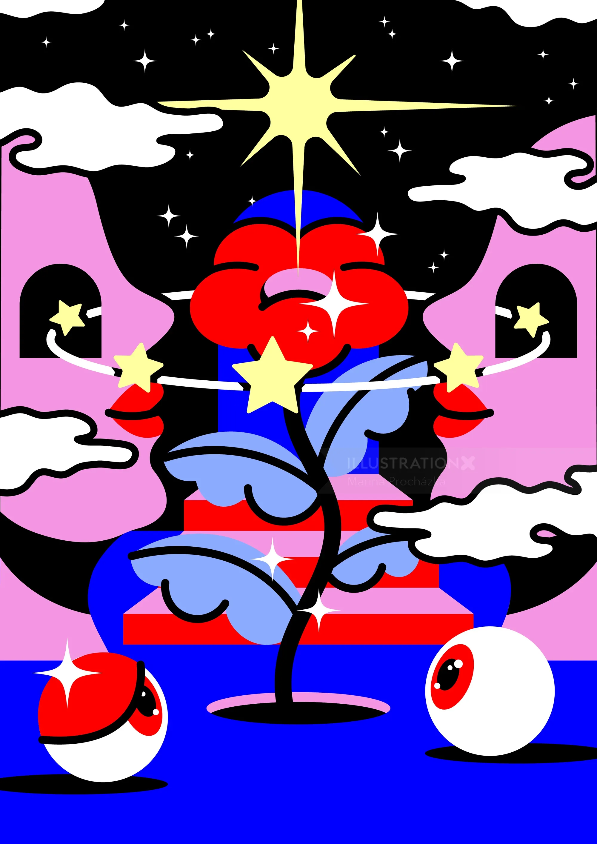 Surreal cosmic tree with star-shaped fruits and floating eyeballs by Marina Procházka