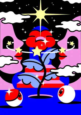 Surreal cosmic tree with star-shaped fruits and floating eyeballs by Marina Procházka