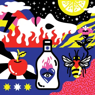 Surreal night scene with flames, a face, bee, lemon, and symbolic bottle by Marina Procházka
