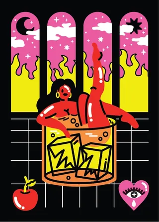 Red figure sitting inside whiskey glass with ice under night sky by Marina Procházka