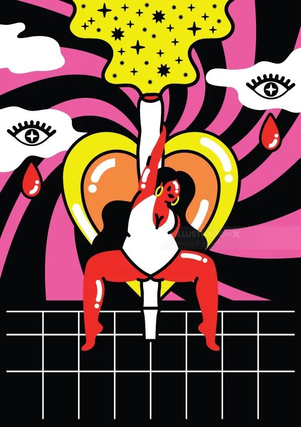 Surreal figure with striped candle and heart with eyes by Marina Procházka