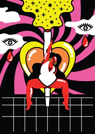 Surreal figure with striped candle and heart with eyes by Marina Procházka