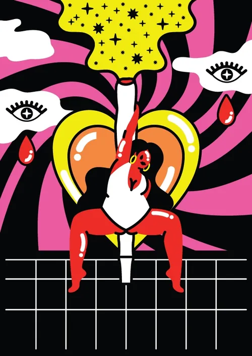Surreal figure with striped candle and heart with eyes by Marina Procházka