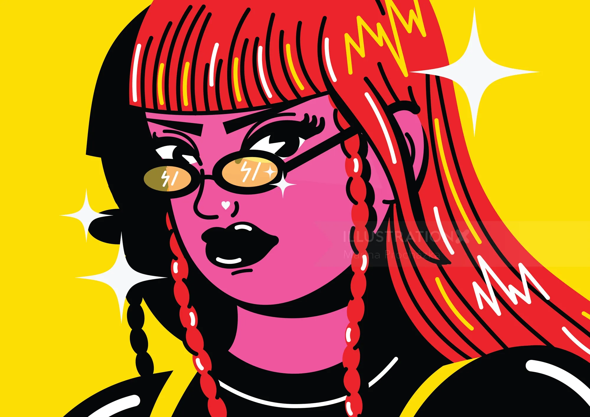 Pop art portrait of a woman with red hair and glasses by Marina Procházka