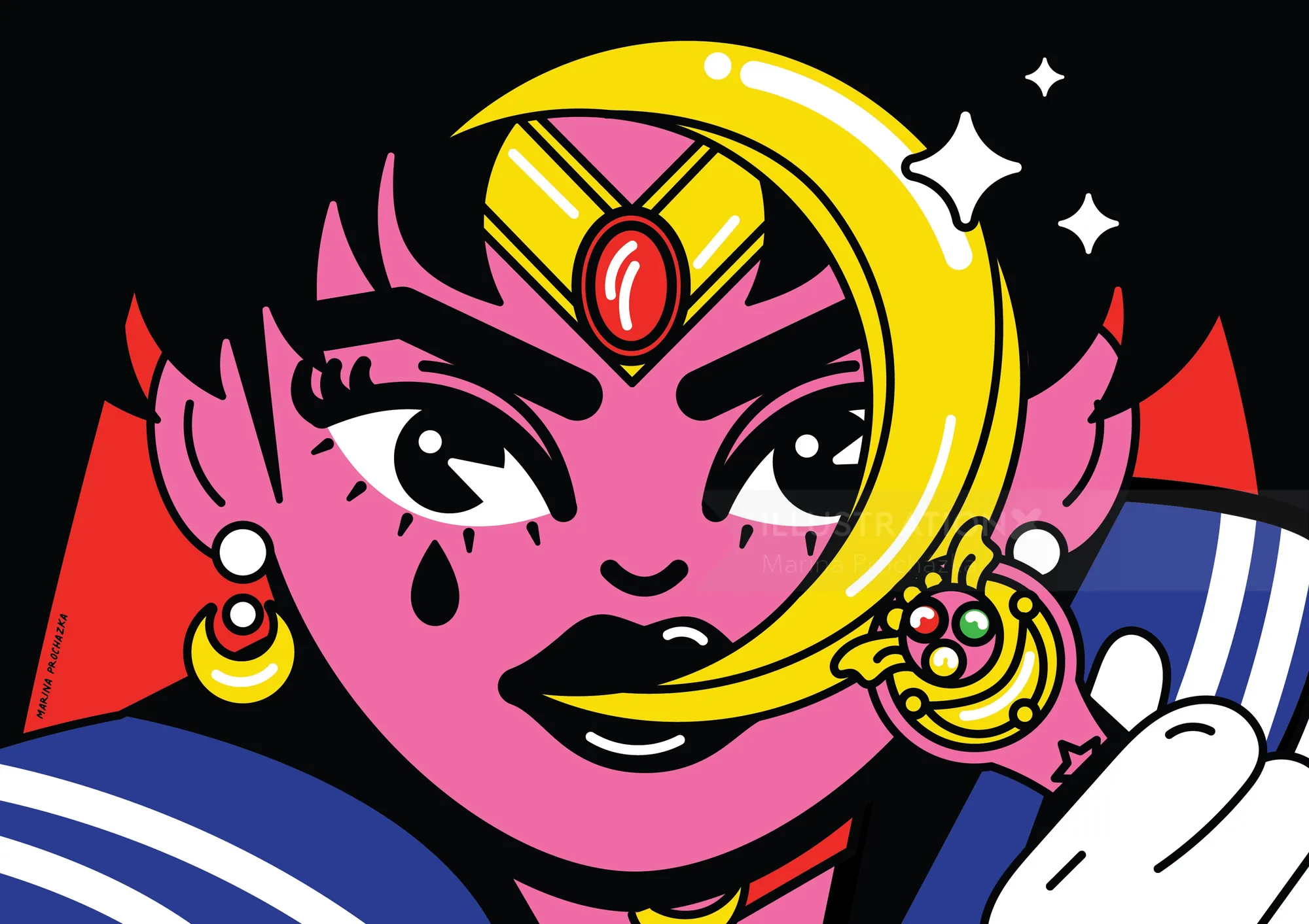 Magical girl with crescent moon wand and bold colors by Marina Procházka