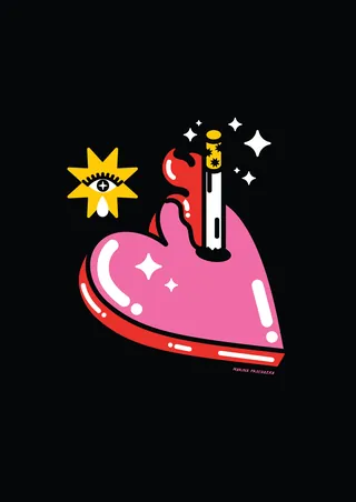 Stylized heart pierced by candle with star and eye, illustration by Marina Procházka