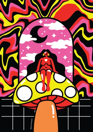 Psychedelic woman sitting on spotted mushroom under moon by Marina Procházka