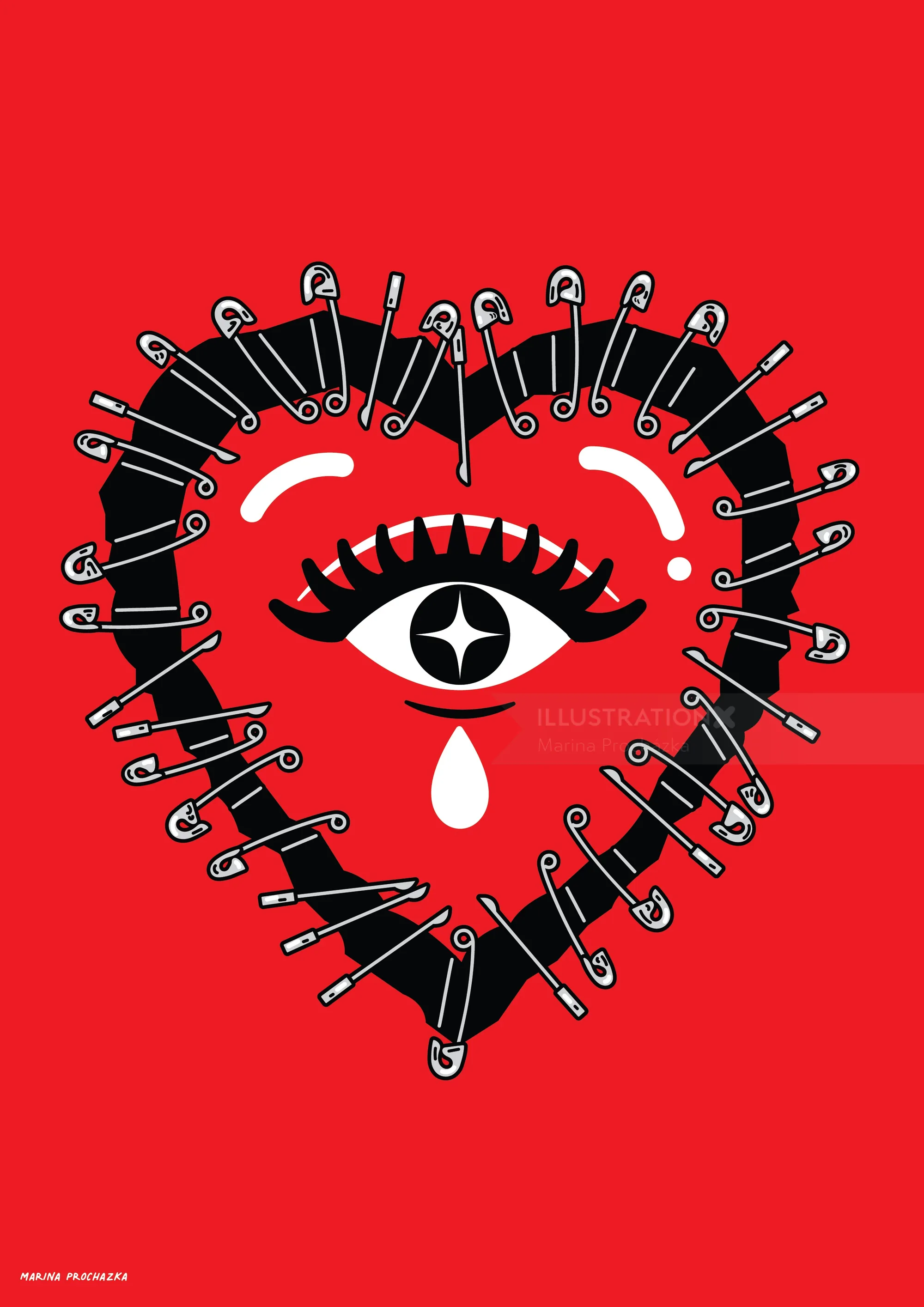 Heart shape composed of safety pins surrounding an eye with a tear by Marina Procházka