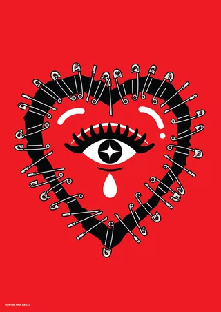 Heart shape composed of safety pins surrounding an eye with a tear by Marina Procházka