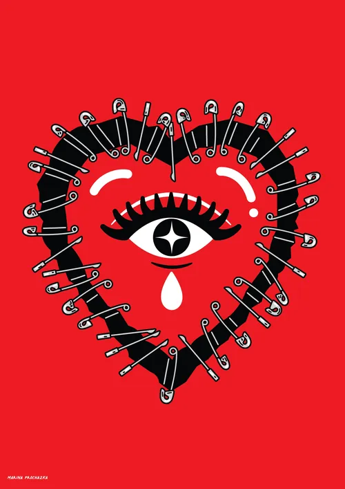 Heart shape composed of safety pins surrounding an eye with a tear by Marina Procházka