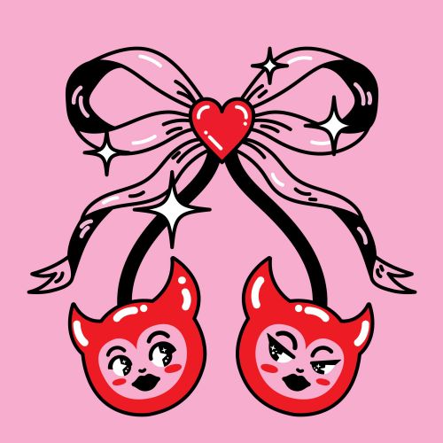 Illustration of two devil faces hanging from a pink bow by Marina Procházka