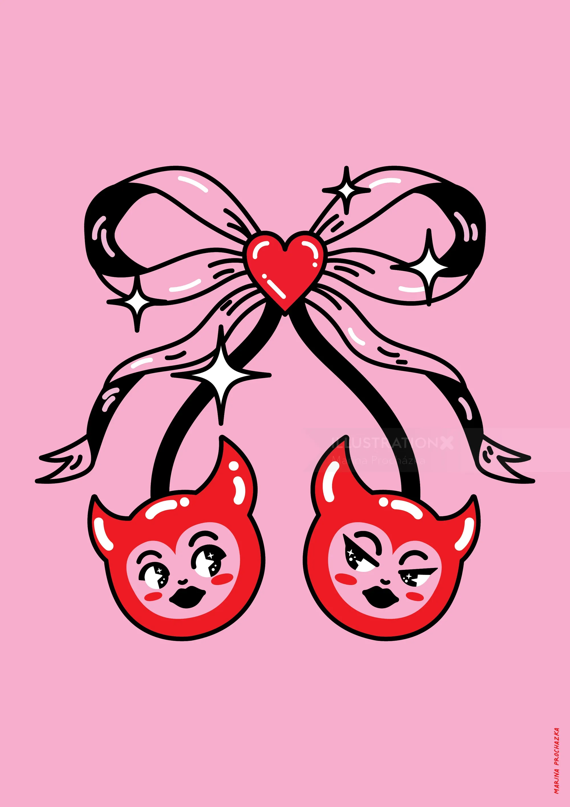 Illustration of two devil faces hanging from a pink bow by Marina Procházka