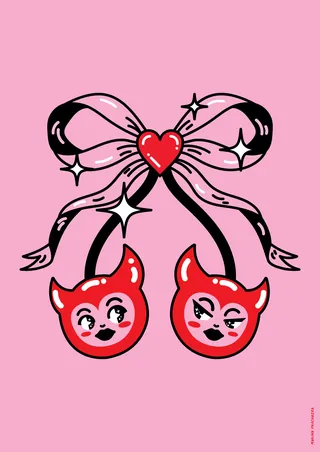 Illustration of two devil faces hanging from a pink bow by Marina Procházka