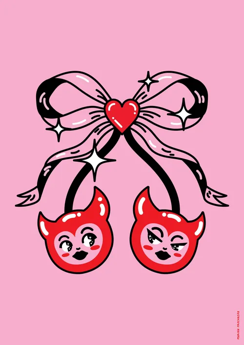 Illustration of two devil faces hanging from a pink bow by Marina Procházka