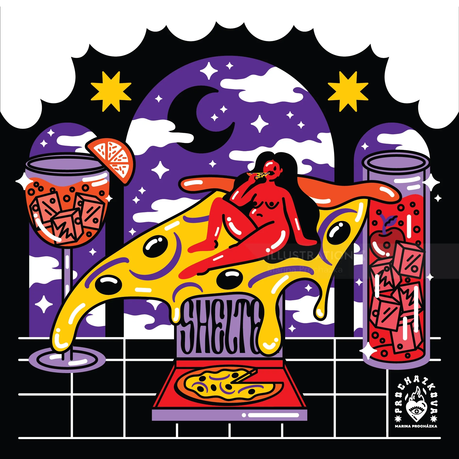Surreal pizza slice scene with red figure and night sky by Marina Procházka